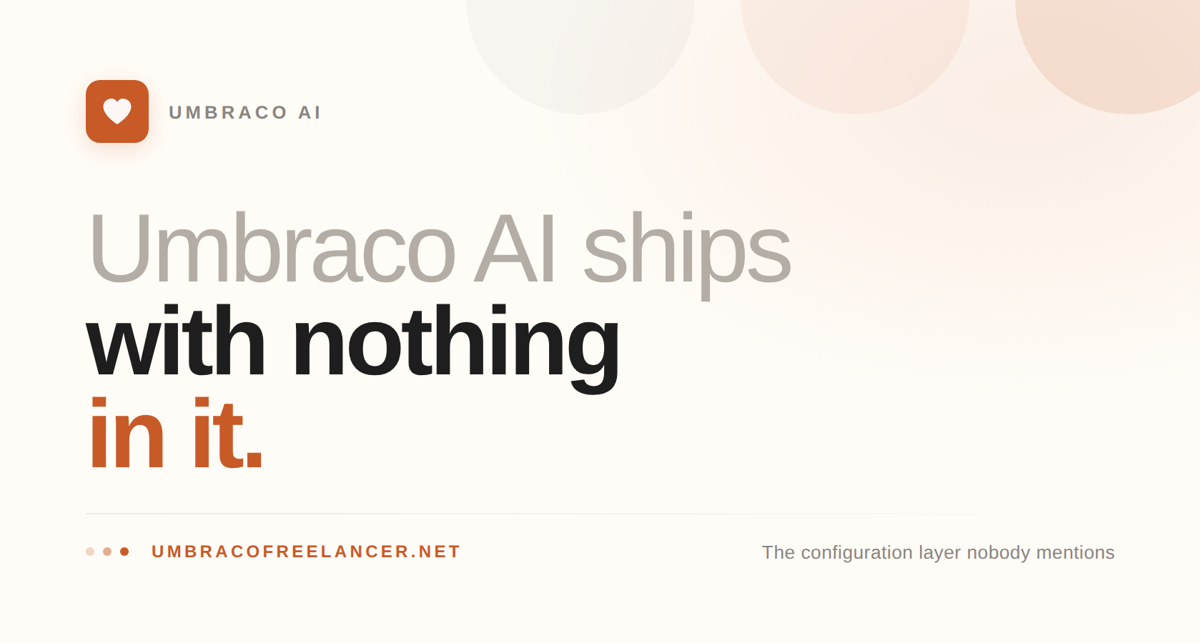 Header graphic reading "Umbraco AI ships with nothing in it", from Simon Antony, Umbraco freelancer